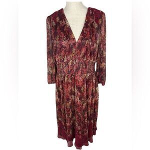 Maison Tara Curvy Size 14 Maroon Red Floral Metallic Pleat Fabric Dress